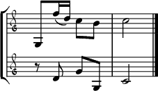 
\new StaffGroup <<
 \new Staff \with {\remove "Time_signature_engraver"} \relative g {
  \clef mensural-g
  \time 2/4
  g8[ f''16( d)] c8[ b] c2
  \bar "|."
  }
 \new Staff \with {\remove "Time_signature_engraver"} \relative d' {
  \clef mensural-g
  \time 2/4
  r8 d g[ g,] c2
  }
 >>
