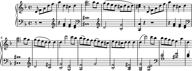 
\version "2.18.2"
\header {
  tagline = ##f
}
Theme = { d8 f a d f a4 d, cis d < bes' g e >2. a8 g g( f e d }

upper = \relative c' {
  \clef treble 
  \key d \minor
  \time 4/4
  \tempo 2 = 140

   %%Mozart — Concerto 20 mvt 3, th. 1 
   \partial 8*5 \Theme cis d cis d) < e cis >4 r8 \relative c' \Theme d4) d d d'2 c8 bes bes( a) g f f( e) d cis e d cis d d4 d d( d'2) c8 bes bes( a g f e4 a d,

}

lower = \relative c {
  \clef bass
  \key d \minor
  \time 4/4

   r8 r2 \clef treble r4 < a'' f >4 < g e > < f d >   \clef bass < cis cis,>1 \clef treble d2 < g bes, > < a a, >4 r4 r2 r4 < a f >4 < g e > < f d >
  \clef bass < cis cis,>1 \clef treble d2 < fis c >2 < g bes, > < e g, > < f a, > g2 < f bes, > < fis c a > < g bes, g > < e d g, >
  \clef bass << { < f d >2 < g cis, > < f d >4 } \\ { a,1 } >>
}

\score {
  \new PianoStaff <<
    \new Staff = "upper" \upper
    \new Staff = "lower" \lower
  >>
  \layout {
    \context {
      \Score
      \remove "Metronome_mark_engraver"
    }
  }
  \midi { }
}
