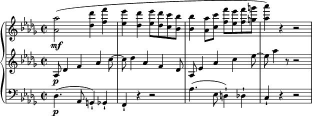 
\relative c'' {
 \new PianoStaff <<
 \new Staff {
 \set Staff.midiInstrument = #"piano" \key des \major \clef treble \time 2/2 \set Score.tempoHideNote = ##t \tempo 2 = 50
 <as as'>2 \mf ( <des des'>4 <f f'>4 |
 <es es'>4 <des des'>4 <es es'>8 <des des'>8 <c c'>8 <bes bes'>8 |
 <bes bes'>4 <as as'>8 <c c'>8 <f f'>8 <es es'>8 <f f'>8 <g g'>8 |
 <as as'>4 ) r4 r2 |
 }
 \new Staff {
 \set Staff.midiInstrument = #"piano" \key des \major \clef treble \time 2/2
 as,,8 \p des4 f4 as4 c8 ~ |
 c8 des4 as4 f4 des8 |
 as8 es'4 as4 c4 es8 ~ | % 4
 es8 as4 r8 r2 |
 }
 \new Staff {
 \set Staff.midiInstrument = #"piano" \key des \major \clef bass \time 2/2
 des,,,4. \p ( as8 g4 ) -! ges4 -! |
 f4 -! r4 r2 |
 as'4. ( es8 d4 ) -! des4 -! |
 c4 -! r4 r2 |
 }
 >>
}
