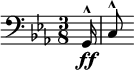  \relative c { \clef bass \time 3/8 \key c \minor \partial 16*1 g16^^\ff | c8^^ } 