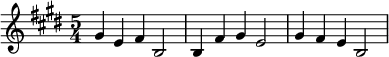  \new Staff \with {midiInstrument = "tubular bells"}\relative c'' {\time 5/4 \key e \major gis4 e fis b,2 | b4 fis' gis e2 | gis4 fis e b2 |}