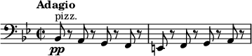 
\relative c {
 \new Staff {
 \set Staff.midiInstrument = #"pizzicato strings" \key bes \major \clef bass \time 2/2 \set Score.tempoHideNote = ##t \tempo "Adagio" 2 = 20
 bes8 \pp ^"pizz." r8 a8 r8 g8 r8 f8 r8 |
 e8 r8 f8 r8 g8 r8 a8 r8 |
 }
}
