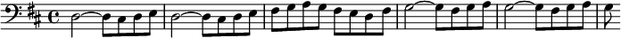 
{
 \time 4/4 
\set Score.tempoHideNote = ##t
\tempo 4 = 160
\clef "bass"
\key d \major 
d2~ d8 cis d e | d2~ d8 cis d e | fis g a g fis e d fis | g2~ g8 fis g a | g2~ g8 fis g a | g
}
