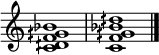 
\relative c' {
\omit Staff.TimeSignature
\set Score.tempoHideNote = ##t
<c dih f gih bes>1 \bar "|" <c f gih bes dih>1 \bar "|."
}
