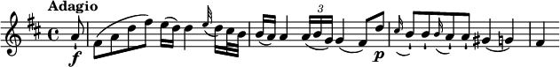 
\relative c' {
\version "2.18.2"
\key d \major
\time 4/4
\tempo "Adagio"
\tempo 4 = 50
\partial 8 a'8-!\f fis8 (a d fis) e16 (d) d4 \appoggiatura e32 d16 cis32 b32 b16 (a) a4 \tuplet 3/2 {a16 (b g)} g4 (fis8) d'\p \appoggiatura cis16 b8-! b8-! \appoggiatura b16 a8-! a-! gis4 (g) fis}
