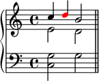 
   \new PianoStaff <<
      \new Staff <<
         \new Voice \relative c'' {
             \stemUp \clef treble \key c \major \time 4/4
             c4 \once \override NoteHead.color = #red d b2
             }
         \new Voice \relative c' {
             \stemDown
              e2 d
              }
            >>
     \new Staff <<
         \new Voice \relative c {
             \clef bass \key c \major \time 4/4
             <c g'>2 g' \bar "||"
             }
         >>
    >>
