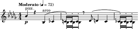  \relative c'' { \clef treble \numericTimeSignature \time 4/4 \key bes \minor \tempo "Moderato" 4 = 72 << { bes4\p^"pizz." r bes,(^"arco" ces | c!16)-. c-. c8-. r des( d4 c | ces16-.) ces-. ces8-. } \\ { s1 | bes16-. bes-. bes8-. | s4 s2 | bes16-.[ bes-. bes8-.] } >> } 