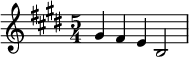  \new Staff \with {midiInstrument = "tubular bells"} \relative c'' {\time 5/4 \key e \major gis4 fis e b2 |}