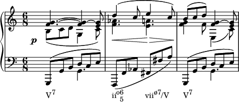  {
   #(set-global-staff-size 16)
   \new PianoStaff <<
      \new Staff <<
         \new Voice \relative c' {
             \stemUp \clef treble \key c \major \time 6/8
             <f g>4.^~ <f g>4^~ <e g>8
             d'4^( c8 e4 c8)
             b^( c d) <f, g>4^~ <e g>8
             }
         \new Voice \relative c' {
             \stemDown
              \override DynamicText.X-offset = #-4
              \override DynamicLineSpanner.staff-padding = #4
              b8_(\p c d g,4 c8)
             <f aes>4.\< <e a>4.\>
             <f g>4\! f8 e,4_( c'8)
              }
            >>
     \new Staff <<
         \new Voice \relative c, {
             \clef bass \key c \major \time 6/8
             \stemUp g8^( g' b d c e)
             \stemNeutral f,,( f' aes fis fis' a)
             \stemUp g,,8^( g' b d c e)
             }
         \new Voice \relative c {
             \stemDown
             s4._\markup { \concat { "V" \raise #1 \small "7" \hspace #16 "ii" \raise #1 \small "o" \combine \raise #1 \small 6 \lower #1 \small 5 \hspace #6 "vii" \raise #1 \small "ø7" "/V" \hspace #4 "V" \raise #1 \small "7" } } g s2. s4. g
             }
         >>
    >>
}
