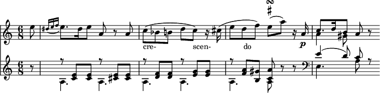 
<<
\relative a''
\new Staff {
\key a \minor
\time 6/8
\set Score.tempoHideNote = ##t
\tempo 8 = 120
\partial 8
e8
\grace { dis16 [ (e16 f 16] }
e8.) dis16 e8 a, r  a | c_"cre-                 scen-               do" (bes (b8
d c) r16 cis16) (e8
d f )
\once \override TextScript #'script-priority = #-100
e^\turn^\markup { \sharp }
(a) r16 a,16\p
 <<
      {
        \voiceOne
        c8. d16 b8
      }
      \new Voice {
        \voiceTwo
        a4 gis8
      }
    >>
    \oneVoice
a8 r8
}

\new Staff {
\set Staff.midiInstrument = #"fortepiano"
\set Staff.midiMaximumVolume = #0.3
r8
 <<
      {
        \voiceOne
r8 <c' e'>8 <c' e'>8  r8 <cis' e'>8 <cis' e'>8  r8 <d' f'>8 <d' f'>8  r8 <e' g'>8 <e' g'>8  r8 <f' a'>8 <b gis'>8 <c' a'>8 
      }
      \new Voice {
        \voiceTwo
a4. a a a
a a8
      }
    >>
\oneVoice
r8 r8
 <<
      {
        \voiceOne
e'4 (d'8) c' r
      }
      \new Voice {
        \voiceTwo
\clef "bass"
e4. a8
      }
    >>
}
>>
