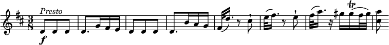 
\relative c' {
  \version "2.18.2"
  \key d \major
  \time 3/8
 d8 \f ^\markup { \italic Presto } d d
 d8.  g16 fis e
  d8 d d
  d8.  b'16 a g
  fis32 (d'16.) r8 cis8-!
  e32 (fis16.) r8 e8-!
  fis32 (a16.) r16 gis16 gis16\trill (fis32 gis) <cis, a'>8
}
