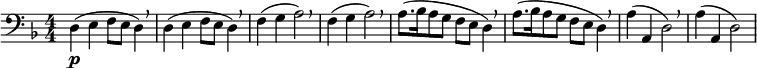 
  \relative c { \clef bass \numericTimeSignature \time 4/4 \key d \minor d4\p( e f8 e d4) \breathe | d4( e f8 e d4) \breathe | f( g a2) \breathe | f4( g a2) \breathe | a8.([ bes16 a8 g] f e d4) \breathe | a'8.([ bes16 a8 g] f e d4) \breathe | a'( a, d2) \breathe | a'4( a, d2) }
