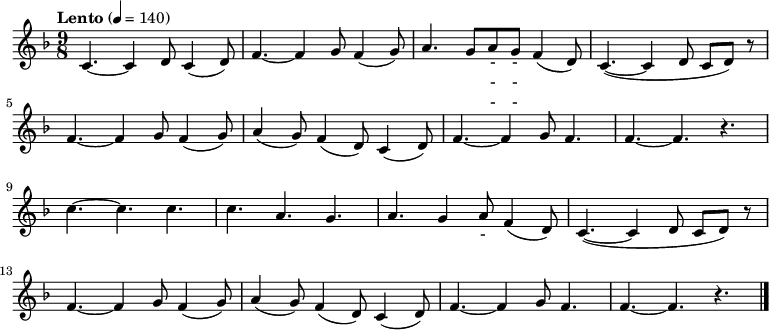 
\relative c' { \key f \major \time 9/8 \tempo "Lento" 4 = 140 \set Staff.midiInstrument = #"violin"
c4. ~ c4 d8  c4 ( d8 ) | f4. ~ f4 g8  f4 ( g8 ) | a4. g8 a g f4 ( d8 ) | c4. ~ ( c4 d8 c d ) r8 |\break
f4. ~ f4 g8  f4 ( g8 ) | a4 ( g8 ) f4 ( d8 ) c4 ( d8 ) | f4. ~ f4 g8 f4.| f4. ~ f4. r4. |\break
c'4. ~ c c | c4. a4. g4. | a4. g4 a8 f4 ( d8 ) | c4. ~ ( c4  d8 c d ) r8 |\break
f4. ~ f4 g8  f4 ( g8 ) | a4 ( g8 ) f4 ( d8 ) c4 ( d8 ) | f4. ~ f4 g8 f4.| f4. ~ f4. r4. \bar "|."}
\addlyrics {
아 리 랑 아 리 랑 아 라 - - 리 요
아 리 랑 고 개 로 넘 어 간 다
나 를 버 리 고 가 시 는 임 은
십 리 도 못 가 서 발 병 난 다}
\addlyrics {
아 리 랑 아 리 랑 아 라 - - 리 요
아 리 랑 고 개 로 넘 어 간 다
청 천 하 늘 엔 별 도 - 많 고
우 리 네 가 슴 엔 꿈 도 많 다}
\addlyrics {
아 리 랑 아 리 랑 아 라 - - 리 요
아 리 랑 고 개 로 넘 어 간 다
저 기 저 산 이 백 두 산 이라 지
동 지 섣 달 에 도 꽃 만 핀 다}
