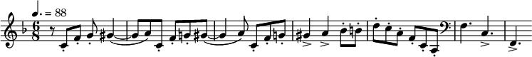  \relative c' { \set Staff.midiInstrument = #"french horn" \clef treble \key f \major \tempo 4.=88 \time 6/8 r8 c-. f-. g-. gis4~( | gis8 a) c,-. f-. g!-. gis~( | gis4 a8) c,-. f-. g!-. | gis4-> a-> bes8-. b-. | d-. c-. a-. f-. c-. a-. | \clef bass f4. c-> | f,-> } 