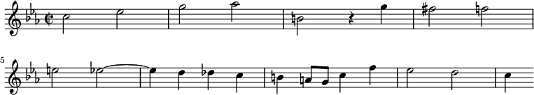 
\relative c'{
 \clef treble
 \key c \minor
 \time 2/2
 \set Staff.midiInstrument = "harpsichord"
    c'2 ees      |        % 1
    g aes        |        % 2
    b, r4 g'     |        % 3
    fis2 f       | \break % 4 
    e ees~       |        % 5
    ees4 d des c |        % 6
    b a8 g c4 f  |        % 7
    ees2 d \bar "|"  |    % 8
    c4
}