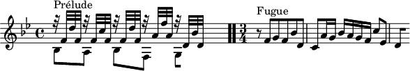 
\version "2.18.2"
\header {
  tagline = ##f
}

\score {
  \new Staff \with {

  }
<<
  \relative c' {
    \key bes \major
    \time 4/4

     %% INCIPIT CBT I-21, BWV 866, si-bémol majeur
     << { r32^\markup{Prélude} f d' f, r32 f c' f, r32 f d' f, r32 a f' a, r32 d,[ bes' d,] } \\ { bes8 a bes[ f] \once \override Staff.TimeSignature #'stencil = ##f \time 2/8
{ 
 % suppression des warnings :
 #(ly:set-option 'warning-as-error #f)
 #(ly:expect-warning (_ "stem does not fit in beam")) %% <= à traduire éventuellement
 #(ly:expect-warning (_ "beam was started here")) %% <= à traduire éventuellement
  \set stemRightBeamCount = #1
  g4*1/2[ s]
}
 } >> \bar ".."
     \time 3/4 \partial 2.
     r8^\markup{Fugue} f'8 g f bes d, c a'16 g bes a g f c'8 ees, 
{ 
 % suppression des warnings :
 #(ly:set-option 'warning-as-error #f)
 #(ly:expect-warning (_ "stem does not fit in beam")) %% <= à traduire éventuellement
 #(ly:expect-warning (_ "beam was started here")) %% <= à traduire éventuellement
  \set stemRightBeamCount = #1
  d4*1/2[ s]
} 
  }
>>
  \layout {
     \context { \Score \remove "Metronome_mark_engraver" 
     \override SpacingSpanner.common-shortest-duration = #(ly:make-moment 1/2) 
}
  }
  \midi {}
}
