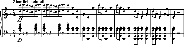 
\relative c'' {
 \new PianoStaff <<
  \new Staff {
   \set Staff.midiInstrument = #"piano" \key d \minor \clef treble \time 3/4 \set Score.tempoHideNote = ##t \tempo "Ziemlich schnell" 4 = 220
   <d d'>8 \ff <e e'>8 <d d'>8 <cis cis'>8 <d d'>8 <e e'>8 |
   <d d'>8 <e e'>8 <d d'>8 <cis cis'>8 <d d'>8 <e e'>8 |
   <d d'>4 -. <a a'>4 -. <d, d'>4 -. |
   a'4 -. d,4 -. a''4 -. |
   d8 -. a8 -. d,4 -. a'4 -. |
   d8 -. a8 -. d,4 -. a'4 -. |
   d,8 -. a8 -. d,4 -. a'4 -. |
   d8 -. a8 -. d,4 -. a'8 -. f8 -. |
   d4 -. r2 |
  }
  \new Staff {
   \set Staff.midiInstrument = #"piano" \key d \minor \clef bass \time 3/4
   <a d f a>8 \ff r8 r4 <a d f a>8 r8 |
   <a d f a>8 r8 r4 <a d f a>8 r8 |
   <d, a' d f a>4 -. <d a' d>4 -. <d a' d>4 -. |
   <a d a' d>4 -. <d, d' a' d>4 -. <a' d a' d>4 -. |
   <d a' d>8 -. <a d a' d>8 -. <d, d' a' d>4 -. <a' d a' d>4 -. |
   <d a' d>8 -. <a d a' d>8 -. <d, d' a' d>4 -. <a' d a' d>4 -. |
   <d, a' d a' d>8 -. <d a' d a' d>8 -. <d a' d a' d>4 -. <d a' d a' d>4 -. |
   <d a' d a' d>8 -. <d a' d a' d>8 -. <d a' d a' d>4 -. <d a' d a' d>4 -. |
   <d d' a' d>4 -. r2 |
  }
 >>
}
