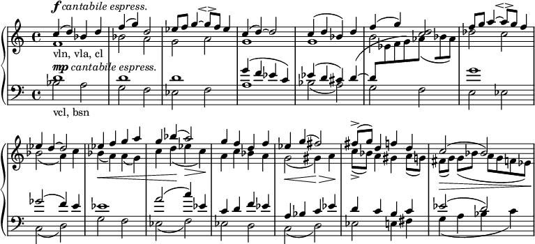 
\layout {\context {\Score \omit BarNumber}}
\new PianoStaff <<
\new Staff = "up" 
\relative c'' {
\time 4/4
\set Staff.midiInstrument = #"string ensemble 1"
\set Score.tempoHideNote = ##t \tempo 4 = 80
\key c \major
%\override TextScript #'X-offset = #-5
<<{c4(^\markup {\concat { \dynamic f }\italic { cantabile espress.}} d) bes d }\\{f,1-"vln, vla, cl"}>>|
<<{f'4( g) d2}\\{bes2 a}>>|
<<{es'8 f g4~ g8\espressivo f es4}\\{g,2 a}>>|
<<{c4( d)~ d2}\\{g,1}>>|
<<{c4( d bes) d}\\{g,1}>>|
<<{f'4( g) }\\{b,2}>> <d c>^[]|
<<{f8 g a4~ a8\espressivo g f4}\\{des2 c}>>|
<<{es4 d~ d2}\\{bes2( a4) c}>>|
<<{es4 f g a}\\{bes,(\< a) a( g)}>>|
<<{g' bes( a2)}\\{c,4 d(\! es\> c)\!}>>|
<<{g'4 f d f}\\{a, c bes a}>>|
<<{es' g( fis2)}\\{g,(\< gis4)\> a\!}>>|
<<{fis'8(-> g) d4 f d}\\{c8(-> bes) a4 gis a8( g) }>>|
<<{c2( bes)}\\{fis8[(\> g]) g( bes a g f es)\!}>>|
} 

\new Staff = "down" 
\relative c'' {
\set Staff.midiInstrument = #"string ensemble 1"
\set Score.tempoHideNote = ##t \tempo 4 = 80
\key c \major
\clef "bass"
%\override TextScript #'X-offset = #-5
<<{d,1^\markup {\concat { \dynamic mp }\italic { cantabile espress.}} }\\{bes2-"vcl, bsn" a}>>|
<<{d1}\\{g,2 f}>>|
<<{d'1}\\{es,2 f}>>|
<<{g'4( f es c)}\\{a1}>>|
<<{es'4( d cis) d-\shape #'((0 . -3) (0 . -1) (0 . -1) (0 . -0.1))(~}\\{bes2( a)}>>|
<<{d8[\change Staff = "up" es_ [f g) as4_( bes8 as)]]}\\{g,2 f}>>|
<<{g'1 }\\{e,2 es}>>|
<<{ges'2( f4) e }\\{c,2( d)}>>|
<<{es'1 }\\{g,2 f}>>|
<<{a'2( c4) es,}\\{es,2( f)}>>|
<<{c'4 d f es}\\{es,2 d}>>|
<<{a'4 bes c es}\\{c,2( d)}>>|
<<{d'4 c b c}\\{es,2 e4 fis}>>|
<<{es'2( d)}\\{g,4( a bes c)}>>|
} >> 
