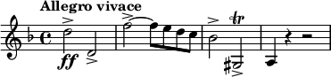 
{
  \new PianoStaff <<
    \new Staff \relative d'' {
      \set Staff.midiInstrument = #"trumpet" \key d \minor \clef treble \time 4/4 \set Score.tempoHideNote = ##t \tempo "Allegro vivace" 4 = 160
      d2 \ff -> d,2 -> | % 2
      f'2 ~ -> f8 e8 d8 c8 | % 3
      bes2 -> gis,2 \trill -> | % 4
      a4 r4 r2
    }
  >>
}
