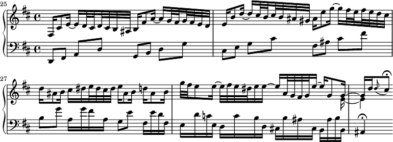 
\version "2.18.2"
\header {
  tagline = ##f
}

upper = \relative c' {
  \clef treble 
  \key b \minor
  \time 4/4
  \tempo 4 = 66 % les tempos sont ceux de Keller (en général)
  \set Staff.midiInstrument = #"harpsichord" 
  \set Score.currentBarNumber = #25
  %\context Score \applyContext #(set-bar-number-visibility 1)
  \bar ""


   %% PRÉLUDE CBT II-24, BWV 893, si mineur

   %% ms. 25
    fis,16 cis'8 e16~ e d32 \set stemRightBeamCount = 2 cis %% modifie le groupement des hampes par 2 puis 4... \set Timing.beatStructure = #'(2 4) ne convient pas
    \set stemLeftBeamCount = 2 d cis b
    ais b16 fis'8 a16~ a g32 
    \set stemRightBeamCount = 2 fis
    \set stemLeftBeamCount = 2 g fis e d | 

    %% ms. 26 
    e16 b'8 d16~ \stemUp d cis32 \set stemRightBeamCount = 2 b 
    \set stemLeftBeamCount = 2 cis b ais gis \stemDown ais16 e'8 g16~ g fis32 
    \set stemRightBeamCount = 2 e 
    \set stemLeftBeamCount = 2 fis e d cis | 

    %% ms. 27
    d16 ais8 b16 cis dis e32 dis cis dis e16 ais,8 b16 d ais8 b16 |
   << { \stemDown g'32 fis e8 e16~ e32 fis e dis e16 e~ \stemUp e a,32 g fis g e'16~ e \tempo 4 = 58 g,8 g16~ g \tempo 4 = 25 d' \tempo 4 = 10 \grace d8_( \tempo 4 = 30 cis8)\fermata } \\ { s2. s8 s16 e,16~ e4 } >>
   
}

lower = \relative c {
  \clef bass 
  \key b \minor
  \time 4/4
  \set Staff.midiInstrument = #"harpsichord" 
    
  d,8 fis a[ d] g, b d[ g] cis, e g[ cis] fis, ais cis[ fis] b, g' a,16 g' fis a, g8 e' fis,16 e' d fis, e d' c e, d c' b d, cis! b' ais cis, b ais' b \tempo 4 = 32 b, ais4\fermata
    
} 

\score {
  \new PianoStaff <<
    \set PianoStaff.instrumentName = #""
    \new Staff = "upper" \upper
    \new Staff = "lower" \lower
  >>
  \layout {
    indent = #0
    \context {
      \Score
      \remove "Metronome_mark_engraver"
      \override SpacingSpanner.common-shortest-duration = #(ly:make-moment 1/2) 
    }
  }
  \midi { }
}
