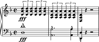 
\relative c' {
 \new PianoStaff <<
  \new Staff {
   \set Staff.midiInstrument = #"piano" \key d \minor \clef treble \time 2/2 \set Score.tempoHideNote = ##t \tempo 2 = 60
   \times 2/3 {
    <d a' d>4 \fff <d a' d>4 <d a' d>4
   }
   \times 2/3 {
    <d a' d>4 <d a' d>4 <d a' d>4
   } |
   \times 2/3 {
    <a d a'>4 <a d a'>4 <a d a'>4
   }
   \times 2/3 {
    <a d a'>4 <a d a'>4 <a d a'>4
   } |
   <d, a' d>4 r4 r2 |
  }
  \new Staff {
   \set Staff.midiInstrument = #"piano" \key d \minor \clef bass \time 2/2
   <d d'>1 \fff ^^ |
   <a a'>2. ^^ <a a'>4 ^^ |
   <d, d'>4 _^ r4 r2 |
  }
 >>
}
