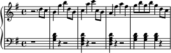 
{ \new PianoStaff << %{\set PianoStaff.midiInstrument = #"celesta" %} \override Score.SpacingSpanner #'common-shortest-duration = #(ly:make-moment 1/2)
  \new Staff \with{ \magnifyStaff #3/4 } \relative c'' { \clef treble \once \omit Score.MetronomeMark \tempo 4 = 160 \time 4/4 \key g \major r2. d8 c b4 g' b d,8 b c4 a' c c,8 b a4 fis' a fis g8 b g b g4 d8 c } 
  \new Staff \with{ \magnifyStaff #3/4 } \relative c { \clef bass \time 4/4 \key g \major r1 <g' b d>4 r r2 <d fis a d>4 r r2 <d fis a d>4 r r2 <g b d>4 <g b d>4 <g b d>4 r} 
>> }
