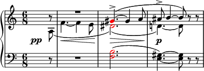 
  {
   \new PianoStaff <<
    \new Staff <<
      \new Voice \relative c'' {
        \clef treble \key a \minor \time 6/8
        \voiceOne \partial8 b8\rest R2. \once \override NoteHead.color = #red gis4.->(~ gis4 a8 ais8-> b4~ b8) \oneVoice r r
        }
      \new Voice \relative c' {
        \override DynamicLineSpanner.staff-padding = #4.5
        \once \override DynamicText.X-offset = #-5
        \voiceTwo \partial8 a\pp( f'4.~\< f4 e8 \once \override NoteHead.color = #red dis2.)(\> d!4.)~\p d8
        }
      >>
    \new Staff <<
      \relative c {
        \clef bass \key a \minor \time 6/8
        \partial8 r8 R2. \once \override NoteHead.color = #red <f b>2.( <e gis>4.)~ <e gis>8 r r
        }
      >>
  >> }
