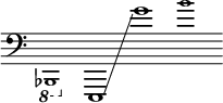 
    {
      \new Staff \with { \remove "Time_signature_engraver" }
      \clef bass \key c \major \cadenzaOn
      \ottava #-1 \tweak font-size #-2 bes,,,1
      \ottava #0 e,,1 \glissando g'1
      \tweak font-size #-2 b'1
    }
  