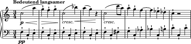 
\relative c'' {
 \new PianoStaff <<
 \new Staff {
 \set Staff.midiInstrument = #"piano" \key c \major \clef treble \time 3/4 \set Score.tempoHideNote = ##t \tempo "Bedeutend langsamer" 4 = 140
 c2 \p \< ( a'4 |
 g4 \! \> ) -! f4 -! g4 -! |
 c,2 \! _\markup { \italic {cresc.} } ( bes'4 \< ) |
 a4 ( g4 ) r4 \! |
 c,2 _\markup { \italic {cresc.} } ( c'8 a8 ) |
 a4 -! g4 -! f4 ~ |
 f4 es4 -! des4 -! |
 c4 -! r2 |
 }
 \new Staff {
 \set Staff.midiInstrument = #"piano" \key c \major \clef bass \time 3/4
 f,,4 \pp -! c4 -! e4 -! |
 f4 -! c4 -! e4 -! |
 f4 -! c4 -! e4 -! |
 f4 -! c4 -! e4 -! |
 f4 -! c4 -! fis4 -! |
 g4 -! c,4 -! as'4 -! |
 bes4 -! c,4 -! b'4 -! |
 c4 -! c,4 -! c'4 -! |
 }
 >>
}
