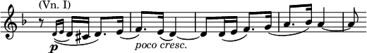 
\relative c' \new Staff \with { \remove "Time_signature_engraver" } {
 \key d \minor \time 2/4
  r8^\markup { (Vn. I) } \acciaccatura { d16\p ([ e] } d16 cis d8.) e16(
  f8._\markup \italic { poco cresc. }) e16( d4) ~ d8 d16( e f8.) g16( a8. bes16) a4~ a8
}
