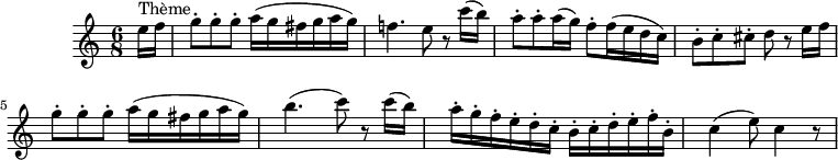 
\version "2.18.2"
\header {
  tagline = ##f
  % composer = ""
  % opus = ""
  % meter = "Rondo allegro"
}

\score {
<<
  \relative c'' {
    \key a \minor
    \time 6/8
    \tempo 4. = 80
    \override TupletBracket #'bracket-visibility = ##f 
    

     %%%%%% K622
     \partial 8 e16^\markup "Thème" f g8-. g-. g-. a16( g fis g a g) f!4. e8 r8 c'16( b) a8-. a-. a16( g) f8-. f16( e d c)
     b8-. c-. cis-. d r8
     e16 f g8-. g-. g-. a16( g fis g a g) b4.( c8) r8 c16( b) a-. g-. f-. e-. d-. c-. b-. c-. d-. e-. f-. b,-. c4( e8) c4 r8

  }
>>
  \layout {
     #(layout-set-staff-size 17)
     \context { \Score \remove "Metronome_mark_engraver" 
     \override SpacingSpanner.common-shortest-duration = #(ly:make-moment 1/2)
     }
  }
  \midi { \set Staff.midiInstrument = #"clarinet" }
}
