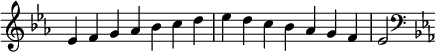   {
\omit Score.TimeSignature \relative c' {
  \key es \major \time 7/4 es f g aes bes c d es d c bes aes g f es2
  \clef F \key es \major
} }
