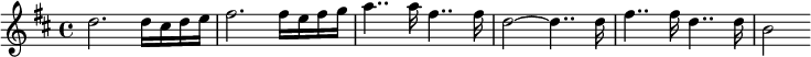 
{
 \time 4/4 
\set Score.tempoHideNote = ##t
\tempo 4 = 160
\key d \major 
d''2. d''16 cis'' d'' e'' | fis''2. fis''16 e'' fis'' g'' | a''4.. a''16 fis''4.. fis''16 | d''2~ d''4.. d''16 | fis''4.. fis''16 d''4.. d''16 | b'2
}
