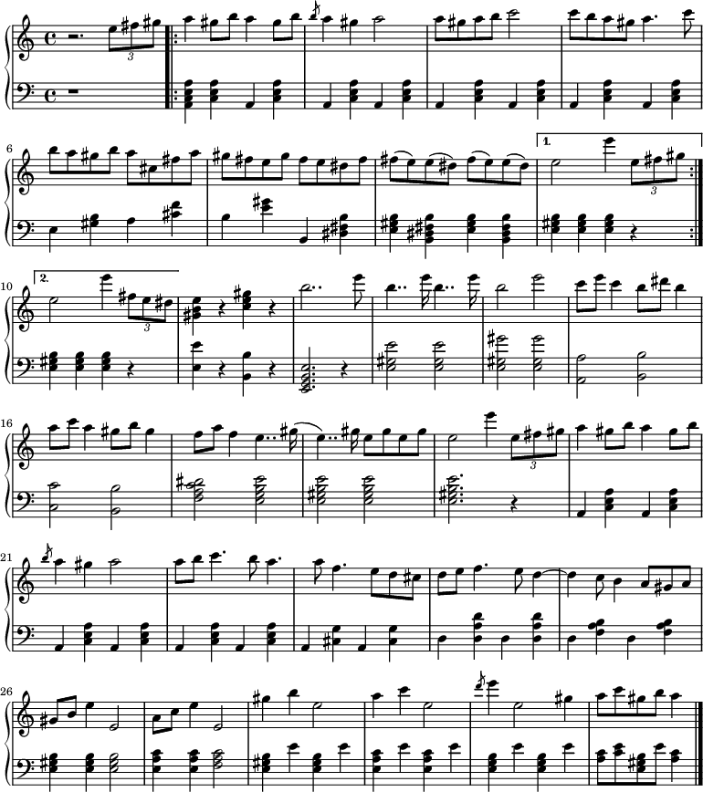 
\version "2.18.2"
\header { tagline = "" }    % ne legyen copyright szöveg
dallam = \relative c' {
      \key c \major
      \time 4/4
      \set Score.tempoHideNote = ##t \tempo 4 = 108
%      \set Staff.midiInstrument = "drawbar organ"
      \transposition c'
	r2. \times 2/3 { e'8 fis gis } | \repeat volta 2 { a4 gis8 b a4 gis8 b | \slashedGrace b8 a4 gis a2 |
	a8 gis a b c2 | c8 b a gis a4. c8 | b a gis b a cis, fis a | gis fis e gis fis e dis fis | fis( e) e( dis) fis( e) e( dis) | }
		\alternative { { e2 e'4 \times 2/3 { e,8 fis gis } } { e2 e'4 \times 2/3 { fis,8 e dis | } } }
	<e b gis>4 r <gis e c> r | b2.. e8 | b4.. e16 b4.. e16 | b2 e | c8 e c4 b8 dis b4 | a8 c a4 gis8 b gis4 |
	f8 a f4 e4.. gis16( | e4..) gis16 e8 gis e gis | e2 e'4 \times 2/3 { e,8 fis gis } |
	a4 gis8 b a4 gis8 b | \slashedGrace b8 a4 gis a2 | a8 b c4. b8 a4. a8 f4. e8 d cis |
	d8 e f4. e8 d4 ~ | d c8 b4 a8 gis a | gis b e4 e,2 | a8 c e4 e,2 | gis'4 b e,2 | a4 c e,2 | \slashedGrace d'8 e4 e,2 gis4 | a8 c gis b a4
	\bar "|."
      }
kiseret = \relative c' {
	\clef bass \key c \major
	r1 | \repeat volta 2 { <a e c a>4 <a e c> a, <a' e c> | \repeat unfold 3 { a, <a' e c> a, <a' e c> | } e <b' gis> a <f' cis> |
	b, <gis' e> b,, <b' fis dis> | <b gis e> <b fis dis b> <b gis e> <b fis dis b> | }
			\alternative { { <b gis e> <b gis e> <b gis e> r | } { <b gis e> <b gis e> <b gis e> r | } }
	<e e,> r <b b,> r | <e, b g e>2. r4 | <e' gis, e>2 <e gis, e>2 |
	<gis gis, e> <gis gis, e> | <a, a,> <b b,> | <c c,> <b b,> |
	<dis c a f> <e b g e> | <e b gis e> <e b gis e> | <e b gis e>2. r4 |
	\repeat unfold 6 { a,, <a' e c> } | a, <g' cis,> a, <g' cis,>
	d <d' a d,> d, <d' a d,> | d, <b' a f> d, <b' a f> | <b gis e> <b gis e> <b gis e>2 | <c a e>4 <c a e> <c a f>2 |
		\repeat unfold 2 { <b gis e>4 e } | \repeat unfold 2 { <c a e> e } | \repeat unfold 2 { <b g e> e } |
		<c a>8 <e c> <b gis e> e <c a>4
}
kotta = {
   \new PianoStaff <<
   \new Staff { \dallam }
   \new Staff { \kiseret }
   >>
}
\score {
   \kotta
   \header {
     title = "Rákóczi-induló"
     composer = "Nikolaus Scholl"
%     poet = ""
   }
   \layout {
	indent = 0.0\cm
	}
}
\score {
   \unfoldRepeats
   \kotta
   %\kiseret
   \midi { }
}
