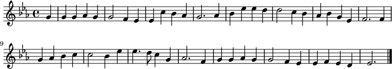 
\new Staff <<
  \set Staff.midiInstrument = "flute"
  \time 4/4
  \key es \major
  \partial 4
  \relative c'' {
  g4 | g g as g | g2 f4 es | es c' bes as | g2. 
  as4 | bes es es d | d2 c4 bes | as bes g es | f2.
  f4 | g as bes c | c2 bes4 es | es4. d8 c4 g | as2.
  f4 | g g as g | g2 f4 es | es f es d | es2. \bar "|."
  }

>>
\layout { indent = #0 }
\midi { \tempo 4 = 90 }
