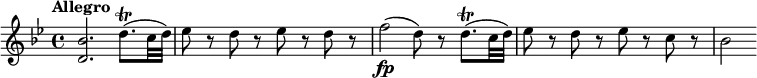 
\relative c'' { \set Staff.midiInstrument = #"string ensemble 1"
  \override Score.NonMusicalPaperColumn #'line-break-permission = ##f
  \key bes \major
  \tempo "Allegro" \set Score.tempoHideNote = ##t \tempo 4 = 144
  <bes d,>2. d8.\trill( c32 d) |
  es8 r d r es r d r |
  f2\fp( d8) r d8.\trill( c32 d) |
  es8 r d r es r c r |
  bes2
}
