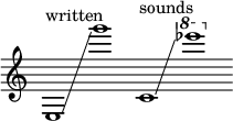 
    {
      \new Staff \with { \remove "Time_signature_engraver" }
      \clef treble \key c \major ^ \markup "written" \cadenzaOn
      e1 \glissando g'''1
      c'1 ^ \markup "sounds" \glissando \ottava #1 ees''''1
    }
  