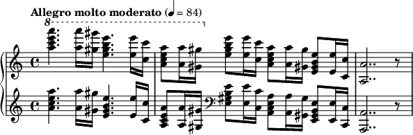 
{
  \new PianoStaff <<
    \new Staff \relative c' {
      \tempo "Allegro molto moderato" 4 = 84
      \clef treble \key a \minor
      \ottava #1
      <a''' c e a>4. <a a'>16 <gis gis'> <e gis b e>4. <e e'>16 <c c'>
      <a c e a>8 <a a'>16 <gis gis'>
      \ottava #0
      <e gis b e>8 <e e'>16 <c c'>
      <a c e a>8 <a a'>16 <gis gis'>
      <e gis b e>8 <e e'>16 <c c'>
      <a a'>2.. r8
    }
    \new Staff \relative c {
      \clef treble \key a \minor
      <a'' c e a>4. <a a'>16 <gis gis'> <e gis b e>4. <e e'>16 <c c'>
      <a c e a>8 <a a'>16 <gis gis'>
      \clef bass
      <e gis b e>8 <e e'>16 <c c'>
      <a c e a>8 <a a'>16 <gis gis'>
      <e gis b e>8 <e e'>16 <c c'>
      <a a'>2.. r8
    }
  >>
}
