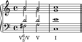  {
  \set Score.proportionalNotationDuration = #(ly:make-moment 1/4)
   \new PianoStaff <<
      \new Staff <<
         \new voice \relative c'' {
             \clef treble \key c \major \time 4/4
             \voiceOne c2  b c1
             }
         \new voice \relative c'' {
             \clef treble \key c \major \time 4/4
             \voiceTwo a2  g g1
             }
            >>
     \new Staff <<
         \new voice \relative c' {
             \clef bass \key c \major \time 4/4
             \voiceOne d2 d e1
             }
         \new voice \relative c {
             \clef bass \key c \major \time 4/4
             \voiceTwo fis2_\markup { \translate #'(-2 . 0) { \concat { "V" \combine \raise #1 \small 6 \lower #1 \small 5 "/V" \hspace #3 "V" \hspace #7 "I" } } } g c,1 \bar "||"
             }
         >>
    >>
}
