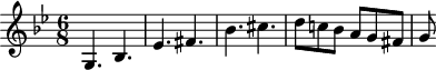 
\header { tagline = ##f }
\score {
<<
  \relative c'' {
    \key g \minor
    \time 6/8
    \tempo 4. = 80
    \set Staff.midiInstrument = #"harpsichord"
     %% K30 theme
    g,4. bes ees fis bes cis d8 c! bes a g fis g
  }
>>
  \layout { \context { \Score \remove "Metronome_mark_engraver" } }
  \midi {}
}
