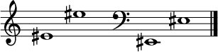 
\new Staff \with
{
  \omit TimeSignature
  fontSize = #2
  \override StaffSymbol.staff-space = #1.25
  \override StaffSymbol.thickness = #1.25
  \override Clef.full-size-change = ##t
  \override BarLine.hair-thickness = #2.4
  \override BarLine.thick-thickness = #7.5
  \override BarLine.kern = #3.75
  \override BarLine.transparent = ##t
}
{
  \time 18/8
  \clef treble
  s8
  eis'1 eis''
  s8
  \grace s8
  \clef bass
  \bar "|"
  s8
  eis,1 eis
  \override Staff.BarLine.transparent = ##f
  \bar "|."
}
