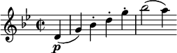 
\relative c' {
  \set Score.tempoHideNote = ##t \tempo 2 = 120
  \time 2/2 \tempo "Allegro assai" \key g \minor
  \partial4 d4\p(
  g) bes-. d-. g-.
  bes2 (a4)
}
