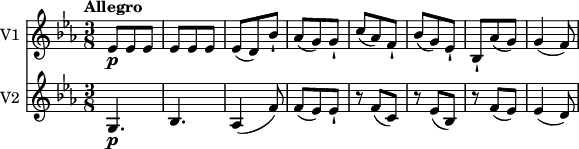 
<<
  \new Staff \with { instrumentName = #"V1 "}
  \relative c'' {
     \version "2.18.2"
     \key ees \major
     \tempo "Allegro"
     \time 3/8
    \tempo 4 = 120
   ees,8\p ees ees
   ees ees ees
   ees (d) bes'-!
   aes8 (g) g-!
   c8 (aes) f-! bes (g) ees-!
   bes-! aes' (g) g4 (f8)
  }
  \new Staff \with { instrumentName = #"V2 "}
  \relative c'' {
    \key ees \major
    \time 3/8
    g,4.\p bes aes4 (f'8)
    f (ees) ees-!
    r8 f (c)
    r8 ees (bes)
    r8 f' (ees)
    ees4 (d8)
    }
>>
