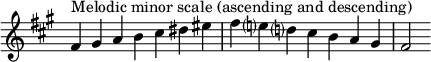  {
\omit Score.TimeSignature \relative c' {
  \key fis \minor \time 7/4 fis^"Melodic minor scale (ascending and descending)" gis a b cis dis eis fis e? d? cis b a gis fis2
} }
