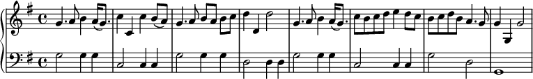 \version "2.18.2"
\new PianoStaff <<
\new Staff {
\key g \major
g'4. a'8 h'4 a'16\( g'8.\) \noBreak
c''4 c' c''4 h'8\( a'\) \noBreak
g'4. a'8 h'8[ a'] h' c'' \noBreak
d''4 d' d''2 \noBreak
g'4. a'8 h'4 a'16\( g'8.\) \noBreak
c''8 h' c'' d'' e''4 d''8 c'' \noBreak
h'8 c'' d'' h' a'4. g'8 \noBreak
g'4 g g'2
}
\new Staff {
\clef bass \key g \major
g2 g4 g c2 c4 c g2 g4 g d2 d4 d
g2 g4 g c2 c4 c
g2 d g,1
}
>> 