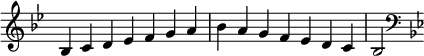   {
\omit Score.TimeSignature \relative c' {
  \key bes \major \time 7/4 bes c d es f g a bes a g f es d c bes2
  \clef F \key bes \major
} }
