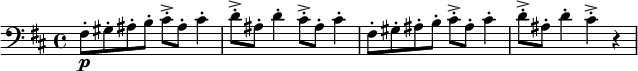 \relative c{\set Score.tempoHideNote = ##t \tempo 4 = 138
\clef "bass" \key b \minor fis8-. \p gis-. ais-. b-. cis-.-> ais-. cis4-. | d8-.-> ais-. d4-. cis8-.-> ais-. cis4-. | fis,8-. gis-. ais-. b-. cis-.-> ais-. cis4-. | d8-.-> ais-. d4-. cis4-.-> r4}