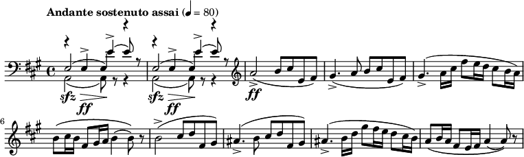 {
 \key a \major \tempo "Andante sostenuto assai" 4=80 \time 4/4 \relative a'' {
<<
\clef bass
  \relative { e2( e4) r4 e2( e4) r4}
  \\
  \relative { a,2\sfz\>( a8\!) r8 r4 a2\sfz\>( a8\!) r8 r4}
  \\
  \relative { r4 e4\ff-> e'4->( e8) r8 r4 e,4\ff-> e'4->( e8) r8}
>>
\clef treble a,2\ff->( b8 cis8 e,8 fis8)| gis4.->( a8 b8 cis8 e,8 fis8)| gis4.->(a16 cis16 fis8 e16 d16 cis8 b16 a16)| b8\( cis16 b16 fis8 gis16 a16 b4( b8)\) r8|
b2->( cis8 d8 fis,8 gis8)| ais4.->( b8 cis8 d8 fis,8 gis8)| ais4.->( b16 d16 gis8 fis16 e16 d8 cis16 b16)| a8\( b16 a16 fis8 e16 fis16 a4( a8)\) r8
 }
}