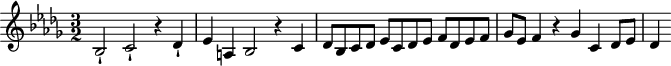 
\version "2.18.2"
\header {
  tagline = ##f
}

\score {
  \new Staff \with {

  }
<<
  \relative c' {
    \key bes \minor
    \time 3/2

     %% SUJET fugue CBT II-22, BWV 891, si-bémol mineur
     bes2-! c-! r4 des-! | ees a, bes2 r4 c4 | des8 bes c des ees c des ees f des ees f | ges ees f4 r4 ges c, des8 ees | des4

  }
>>
  \layout {
     \context { \Score \remove "Metronome_mark_engraver" 
         }
  }
  \midi {} 
}
