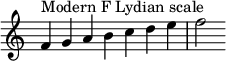  {
\override Score.TimeSignature #'stencil = ##f
\relative c' { 
  \clef treble \time 7/4
  f4^\markup { Modern F Lydian scale } g a b c d e f2
} }
